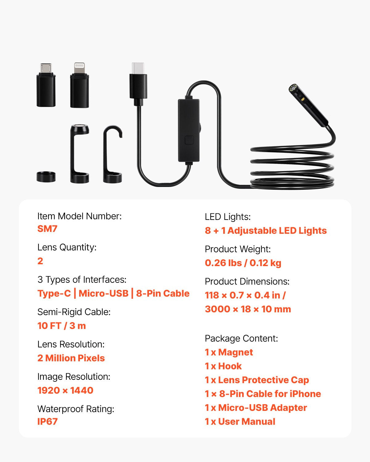 Endoskopkamera med ljus, boroskop med dubbla linser för Android och iOS, 1920P HD-inspektionskamera med 8 + 1 LED-lampor, 2X zoom, 3m ormkabel, IP67 vattentät ormkamera för bil, VVS