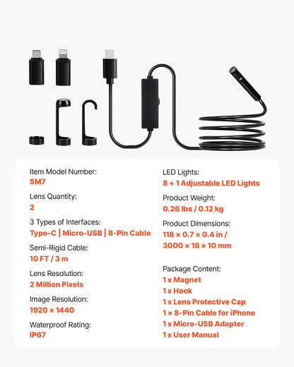 Endoskopkamera med ljus, boroskop med dubbla linser för Android och iOS, 1920P HD-inspektionskamera med 8 + 1 LED-lampor, 2X zoom, 3m ormkabel, IP67 vattentät ormkamera för bil, VVS