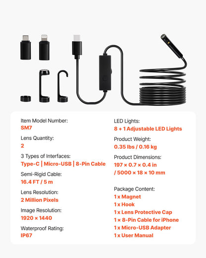 Endoskopkamera med ljus, boroskop med dubbla linser för Android och iOS, 1920P HD-inspektionskamera med 8 + 1 LED-lampa, 2X zoom, 5m ormkabel, IP67 vattentät ormkamera för bil, VVS