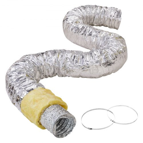 Torktumlarens ventilationsslang, 127 mm isolerad flexibel kanal, 7,62 m lång med 2 kanalklämmor, kraftigt treskiktsskydd för VVS, värme, kyla, ventilation och frånluft, flamskyddsvärde R-4.2