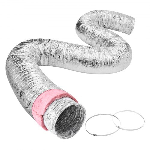 Torktumlarens ventilationsslang, 101,6 mm isolerad flexibel kanal, 7,62 m lång med 2 kanalklämmor, kraftigt treskiktsskydd för VVS, värme, kyla, ventilation och frånluft, flamskyddsvärde R-6.0