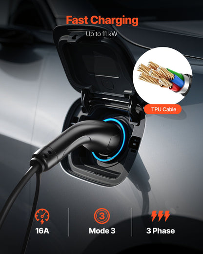 Förlängningskabel för elbilsladdning, 16 Amp 10 m Max 11 kW förlängningssladd kompatibel med alla typ 2 elfordonsladdare, 3-fas AC 480V 50Hz IP65 kraftig billaddningskabel med bärväska