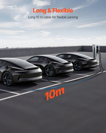 Förlängningskabel för laddstation för elbilar, 32 Amp 10 m max 22 kW förlängningssladd kompatibel med alla typ 2 elfordonsladdare, 3-fas AC 480V 50Hz IP65 kraftig billaddningskabel med bärväska