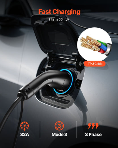 Förlängningskabel för laddstation för elbilar, 32 Amp 10 m max 22 kW förlängningssladd kompatibel med alla typ 2 elfordonsladdare, 3-fas AC 480V 50Hz IP65 kraftig billaddningskabel med bärväska