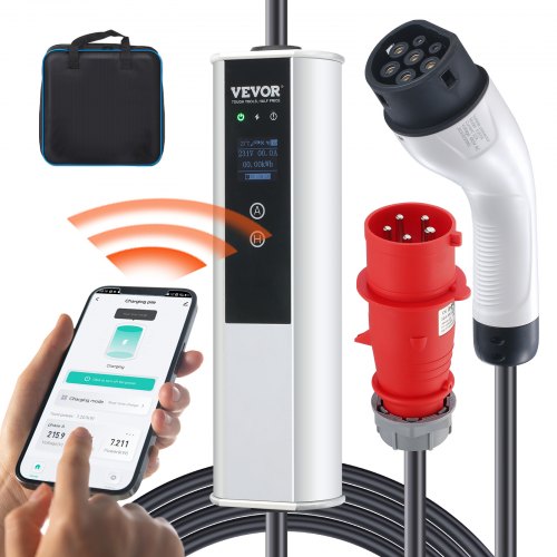 Bärbar elbilsladdare typ 2, 32A 7,36 kW/22 kW, elbilsladdare med 7,5 m laddningskabel CEE 32-kontakt LCD, IEC 62196 laddstation för elbilar med bärväska och laddningskabelkrok, IP66