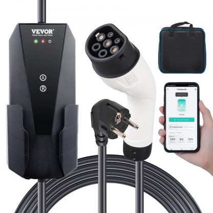 Bärbar elbilsladdare typ 2, 16A 3,7 kW, elbilsladdare med 8,6 m laddningskabel CEE 7/7-kontakt, IEC 62196 laddstation för elbilar med förvaringsväska och laddningskabelkrok, IP66