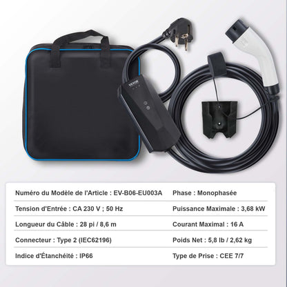 Bärbar elbilsladdare typ 2, 16A 3,7 kW, elbilsladdare med 8,6 m laddningskabel CEE 7/7-kontakt, IEC 62196 laddstation för elbilar med förvaringsväska och laddningskabelkrok, IP66