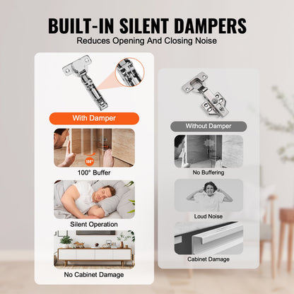 Skåpgångjärn, 60-pack köksskåpsdörrgångjärn med heltäckande överlägg, 100 graders vinkelöppning, mjukstängning, dolda skåpgångjärn för ramlösa skåp, med monteringsskruvar