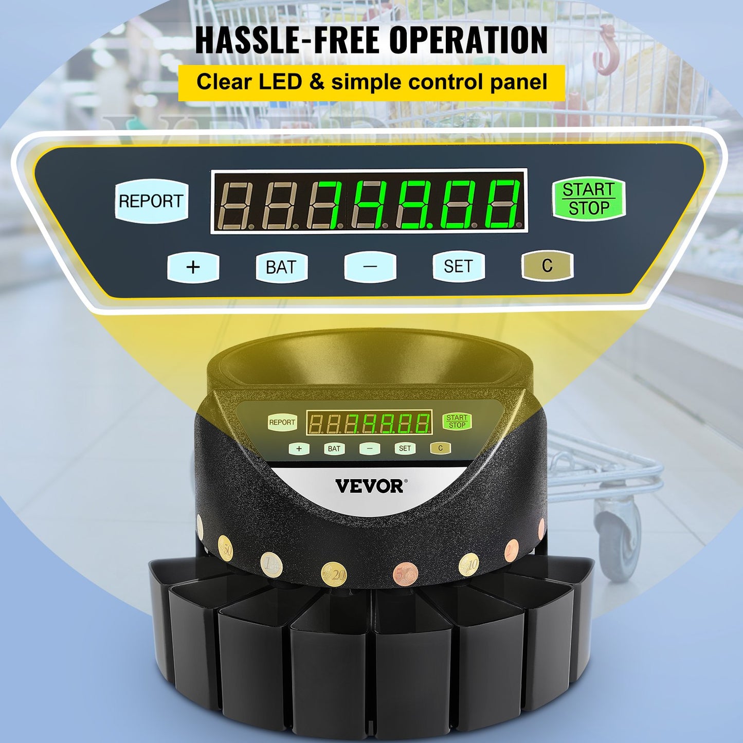 Euro Coin Counter Sorter 500-1000 Coins Electronic Automatic EUR Coin Counting Machine 300 Coins Per Minute with 8 Coin Drawers for School Shop Bank
