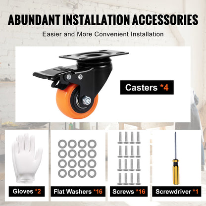 Hjul, 5,1 cm svängbara hjul, 4-pack, med dubbel säkerhetslåsning, tysta PVC-hjul, kraftiga 68 kg lastkapacitet per hjul, icke-märkande hjul för arbetsbänk med vagnsmöbler