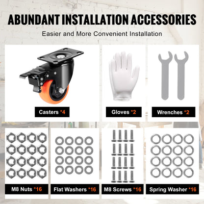 Hjul, 7,6 cm svängbara hjul, 4-pack, med säkerhetslåsning, tysta PVC-hjul, kraftiga 113,4 kg lastkapacitet per hjul, icke-märkande hjul för arbetsbänk med vagnsmöbler