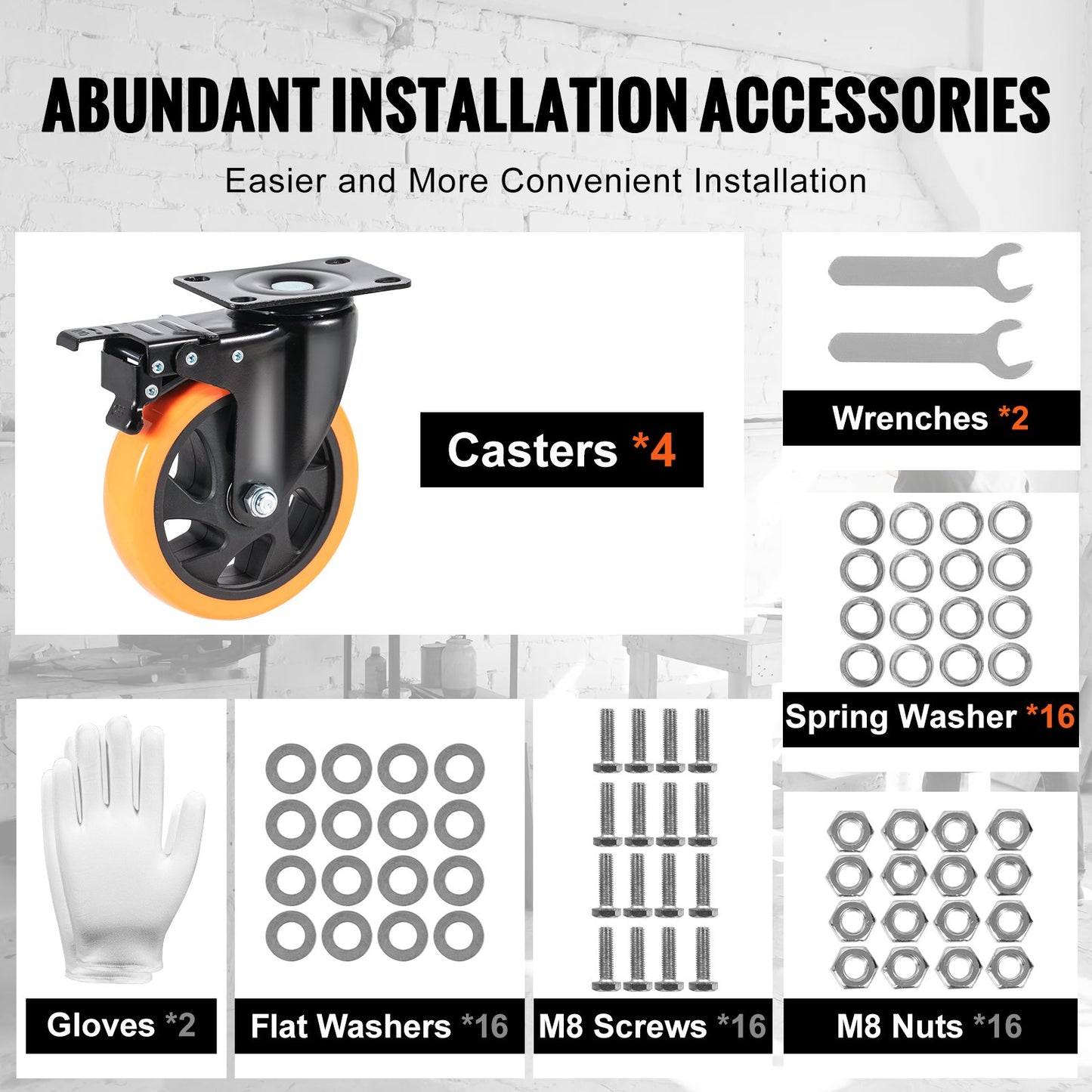 Hjul, 12,7 cm svängbara hjul, 4-pack, med säkerhetslåsning, tysta PVC-hjul, kraftiga, 204,1 kg lastkapacitet per hjul, icke-märkande hjul för arbetsbänk med vagnsmöbler