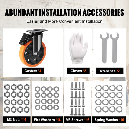 Hjul, 15,2 cm svängbara hjul, 4-pack, med säkerhetslåsning, tysta PVC-hjul, kraftiga, 317,5 kg lastkapacitet per hjul, icke-märkande hjul för arbetsbänk med vagnsmöbler