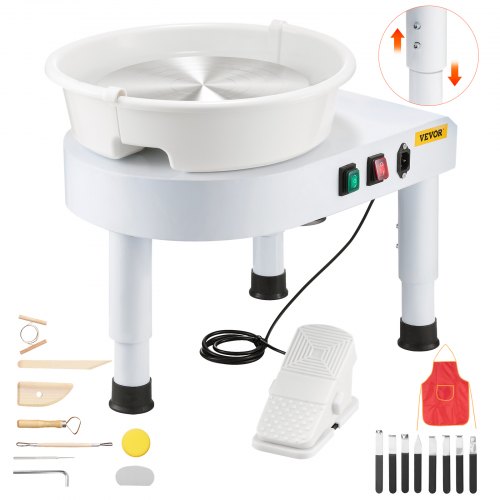 Drejskiva, 28 cm maskin för formning av keramikhjul, justerbar fotpedal med 60-300 varv/min, justerbart lyftben, avtagbart kärl, komplett verktygssats för konsthantverk, gör-det-själv, vit