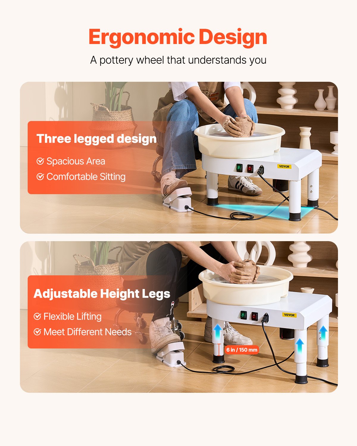 Drejskiva, 35 cm maskin för formning av keramikhjul, justerbar fotpedal med 60-300 varv/min, justerbart lyftben, avtagbart fat, komplett verktygssats för konsthantverk, gör-det-själv, vit