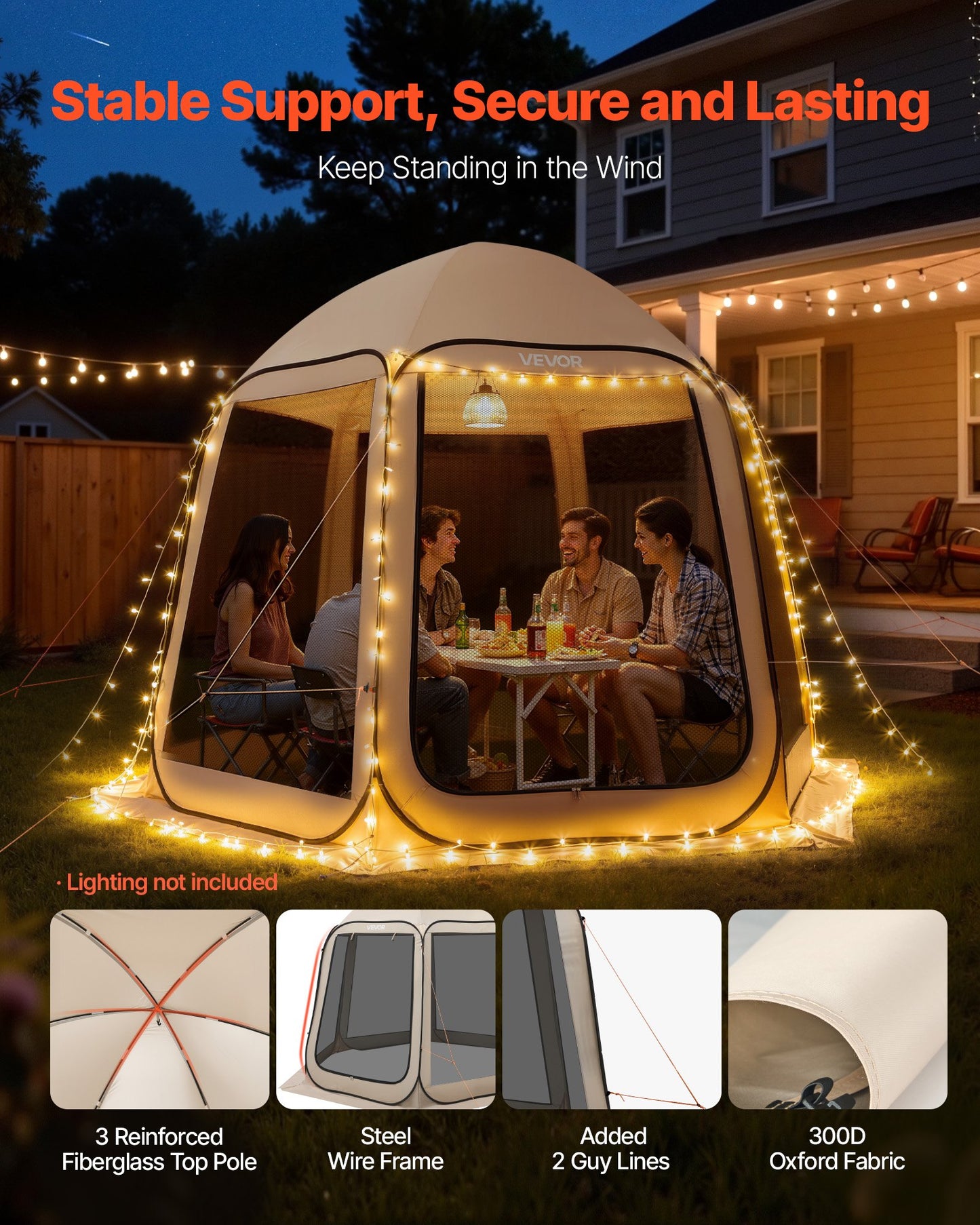 Screen House Tent, 3030 x 2650 x 2300 mm, 4-8 Person Pop Up Screen Tent, Portable Screened in Canopy with Carry Bag, Netting Sides, Ground Stakes, for Garden, Patio, Outdoor Activities, Beige