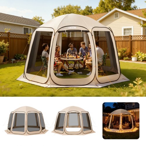 Screen House Tent, 3660 x 3380 x 2300 mm, 10-12 Person Pop Up Screen Tent, Portable Screened in Canopy with Carry Bag, Netting Sides, Ground Stakes, for Garden, Patio, Outdoor Activities, Beige