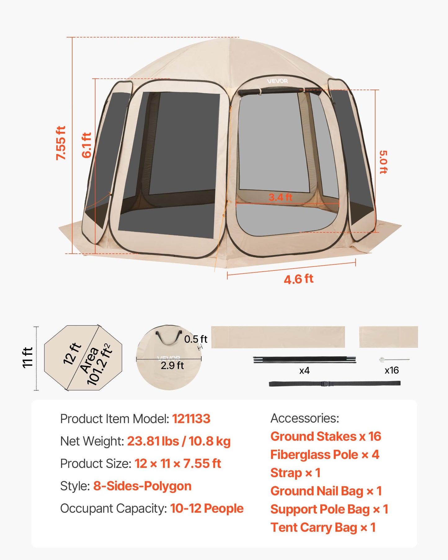 Screen House Tent, 3660 x 3380 x 2300 mm, 10-12 Person Pop Up Screen Tent, Portable Screened in Canopy with Carry Bag, Netting Sides, Ground Stakes, for Garden, Patio, Outdoor Activities, Beige