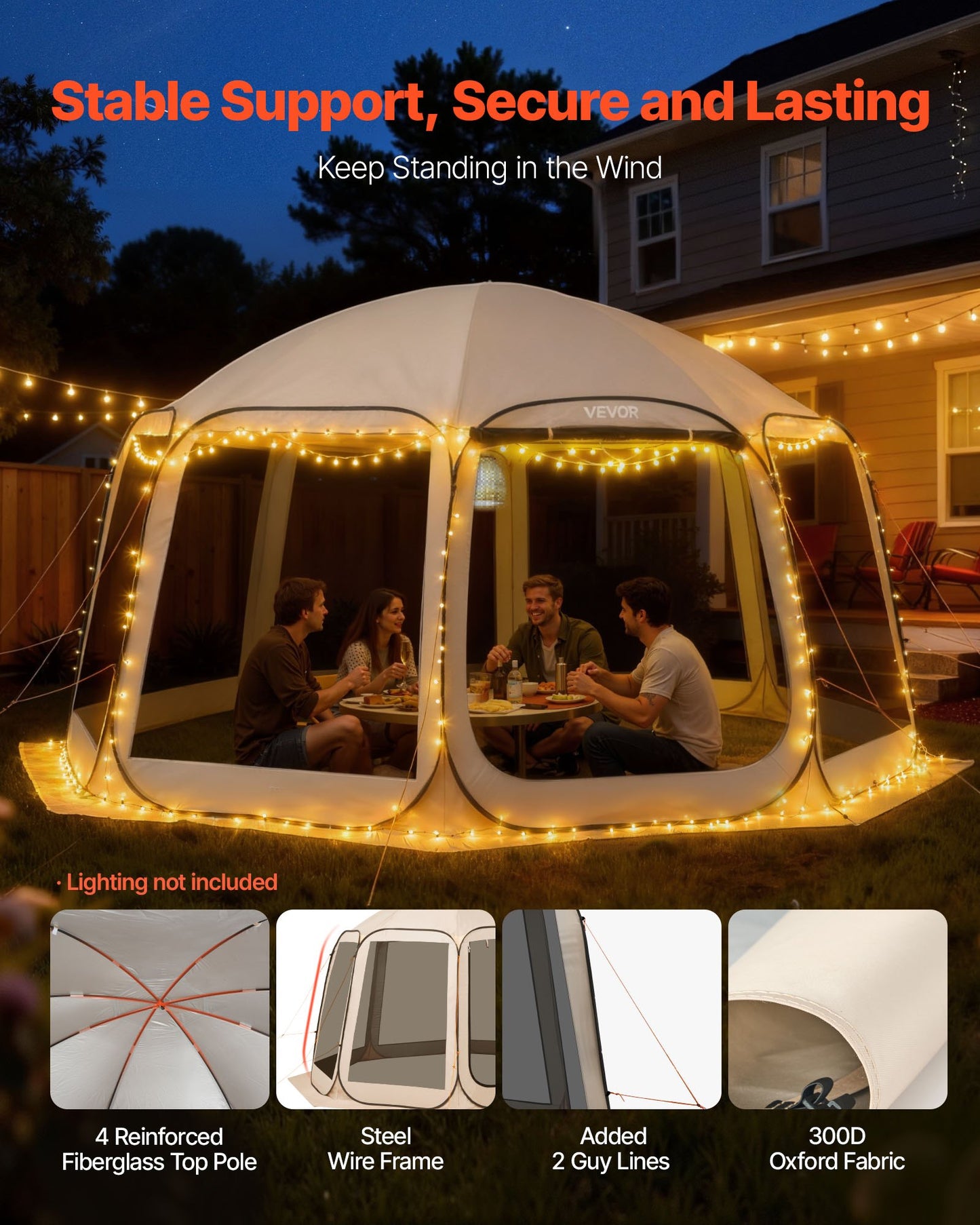 Screen House Tent, 4500 x 4250 x 2450 mm, 12-15 Person Pop Up Screen Tent, Portable Screened in Canopy with Carry Bag, Netting Sides, Ground Stakes, for Garden, Patio, Outdoor Activities, Beige