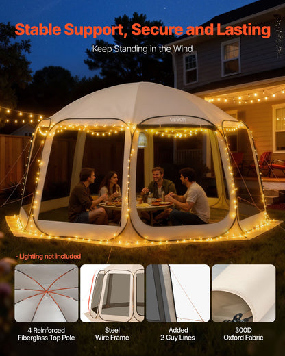 Screen House Tent, 4500 x 4250 x 2450 mm, 12-15 Person Pop Up Screen Tent, Portable Screened in Canopy with Carry Bag, Netting Sides, Ground Stakes, for Garden, Patio, Outdoor Activities, Beige