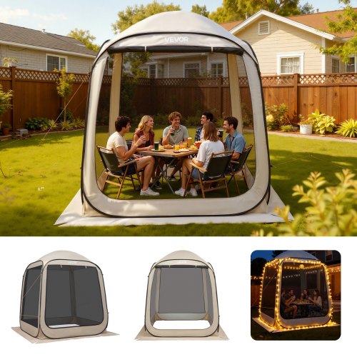 Screen House Tent, 1825 x 1825 x 2200 mm, 4-6 Person Pop Up Screen Tent, Portable Screened in Canopy with Carry Bag, Netting Sides, Ground Stakes, for Garden, Patio, Outdoor Activities, Beige