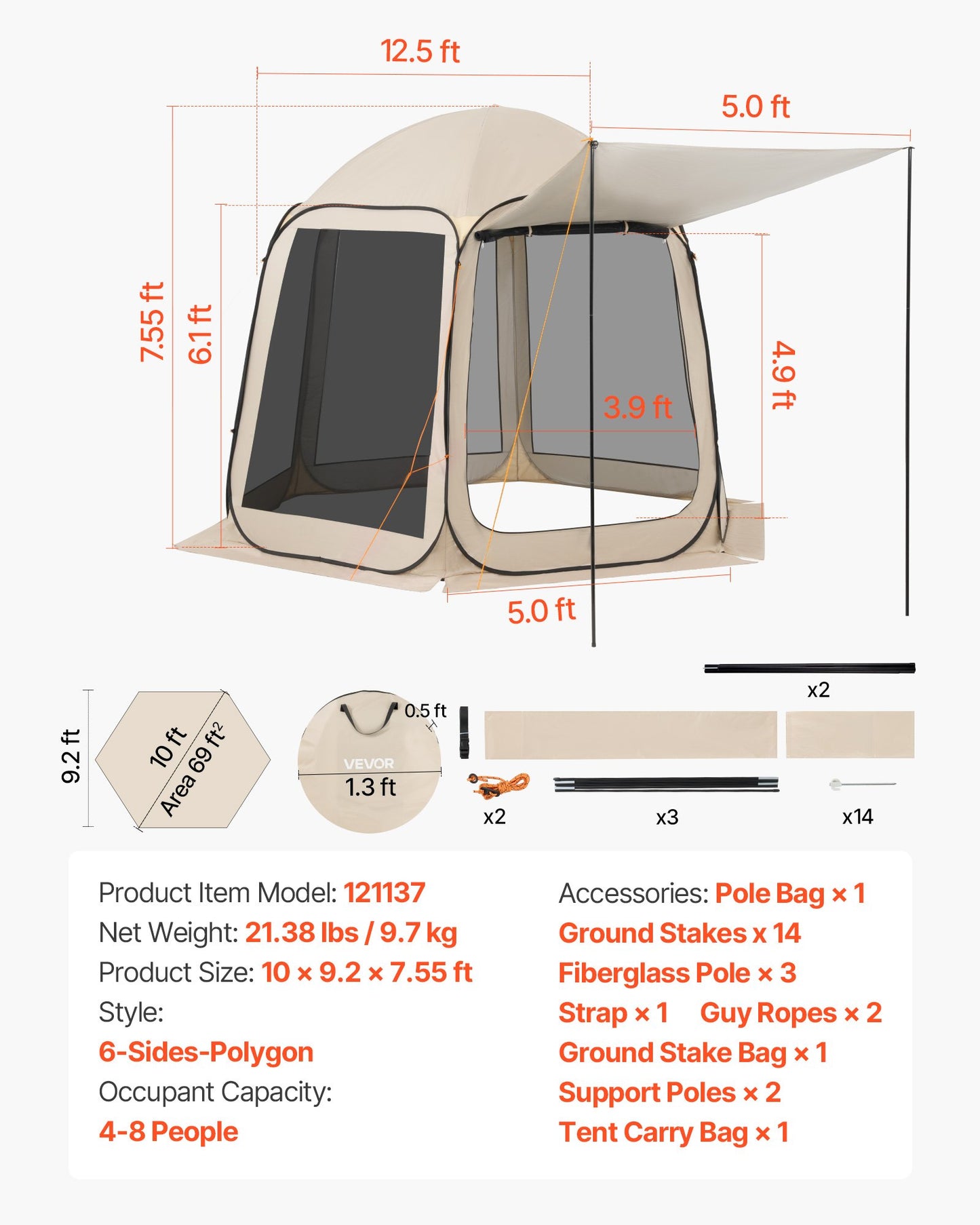 Screen House Tent, 3030 x 2650 x 2300 mm, 4-8 Person Pop Up Screen Tent with Extended Awning, Portable Screened in Canopy with Carry Bag, Netting Sides, for Patio, and Outdoor Activities, Beige