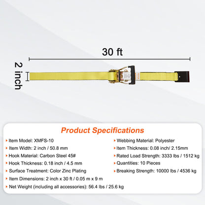 Spärrband (10-pack), 10000 lb brottstyrka, ändlös spärr med 10 premium 2" x 30' surrband, kraftiga, spårfjäderbeslag för förflyttning, säkring av last, apparater, motorcykel