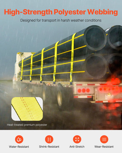 Vinschremmar, 4" x 30', 6000 lbs lastkapacitet, 18000 lbs brottstyrka, lastbilsremmar med platt krok, flakförankringar lastkontroll för släpvagnar, gårdar, räddningar, trädskydd, gul (10-pack)