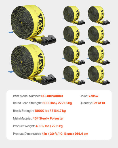 Vinschremmar, 4" x 30', 6000 lbs lastkapacitet, 18000 lbs brottstyrka, lastbilsremmar med platt krok, flakförankringar lastkontroll för släpvagnar, gårdar, räddningar, trädskydd, gul (10-pack)