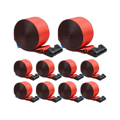 Vinschremmar, 4" x 30', 6000 lbs lastkapacitet, 18000 lbs brottstyrka, lastbilsremmar med platt krok, flakförankringar lastkontroll för släpvagnar, gårdar, räddningar, trädskydd, röd (10-pack)