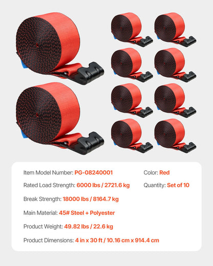 Vinschremmar, 4" x 30', 6000 lbs lastkapacitet, 18000 lbs brottstyrka, lastbilsremmar med platt krok, flakförankringar lastkontroll för släpvagnar, gårdar, räddningar, trädskydd, röd (10-pack)
