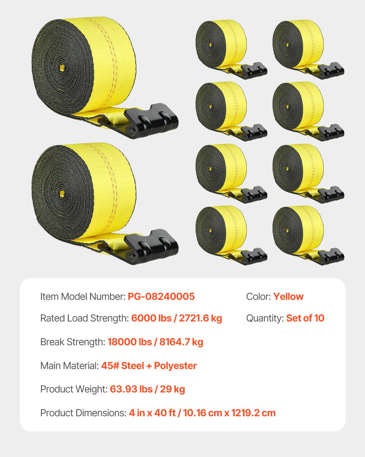 Vinschremmar, 4" x 40', 6000 lbs lastkapacitet, 18000 lbs brottstyrka, lastbilsremmar med platt krok, flakförankringar lastkontroll för släpvagnar, gårdar, räddningar, trädskydd, gul (10-pack)
