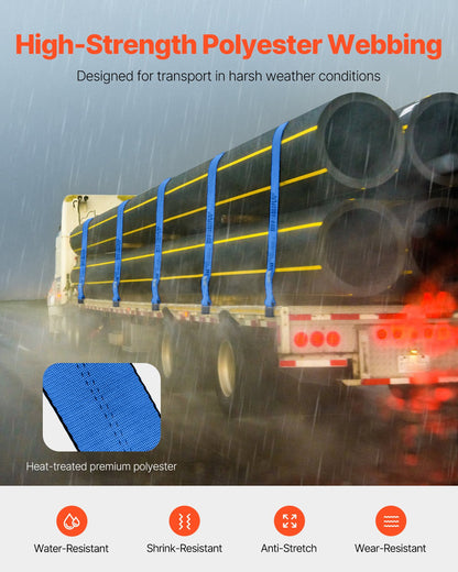 Vinschremmar, 4" x 30', 6000 lbs lastkapacitet, 18000 lbs brottstyrka, lastbilsremmar med platt krok, flakförankringar lastkontroll för släpvagnar, gårdar, räddningar, trädskydd, blå (10-pack)