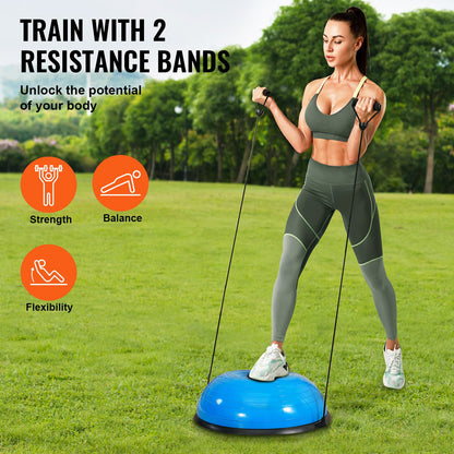 Halv träningsbolltränare, 23 tums balansbolltränare, 300 kg kapacitet, stabilitetsboll, yogaboll med motståndsband och fotpump, styrketräningsboll för hemmagym, helkroppsträning, blå