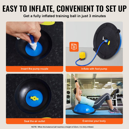 Halv träningsbolltränare, 23 tums balansbolltränare, 300 kg kapacitet, stabilitetsboll, yogaboll med motståndsband och fotpump, styrketräningsboll för hemmagym, helkroppsträning, blå
