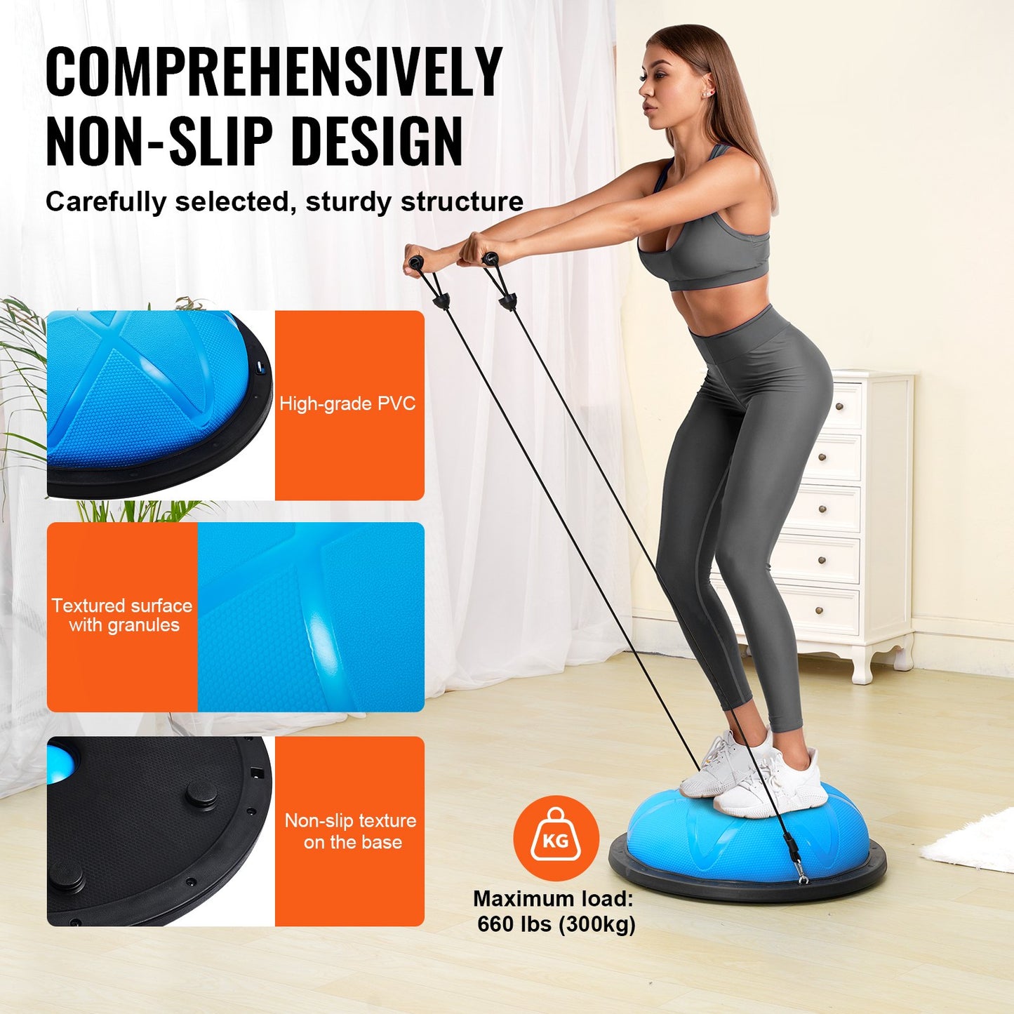 Halv träningsbolltränare, 23 tums balansbolltränare, 660 lbs kapacitet stabilitetsboll, yogaboll med motståndsband och pump, styrketräningsboll för hemmagym, helkroppsträning, blå