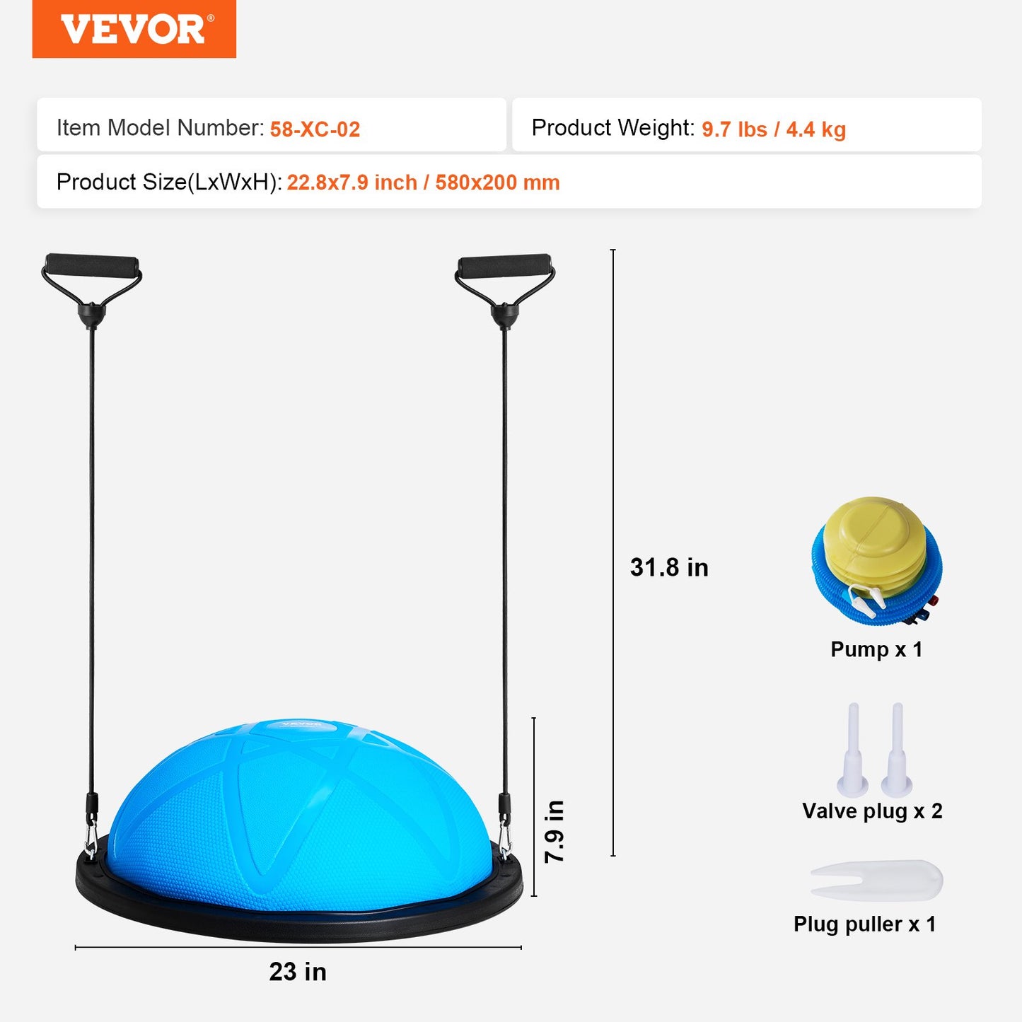 Halv träningsbolltränare, 23 tums balansbolltränare, 660 lbs kapacitet stabilitetsboll, yogaboll med motståndsband och pump, styrketräningsboll för hemmagym, helkroppsträning, blå