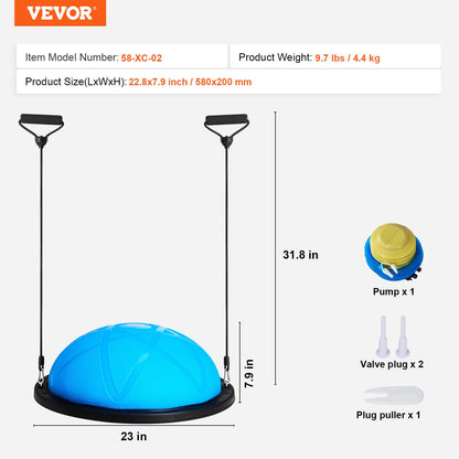 Halv träningsbolltränare, 23 tums balansbolltränare, 660 lbs kapacitet stabilitetsboll, yogaboll med motståndsband och pump, styrketräningsboll för hemmagym, helkroppsträning, blå