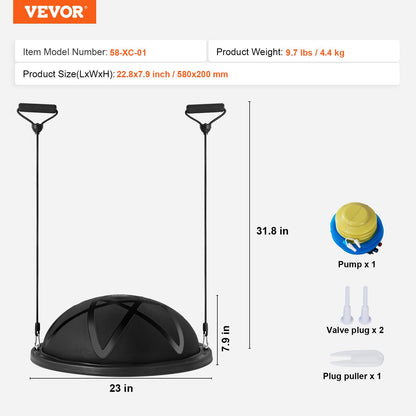 Halv träningsbolltränare, 23 tums balansbolltränare, 660 lbs kapacitet stabilitetsboll, yogaboll med motståndsband och pump, styrketräningsboll för hemmagym, helkroppsträning, svart