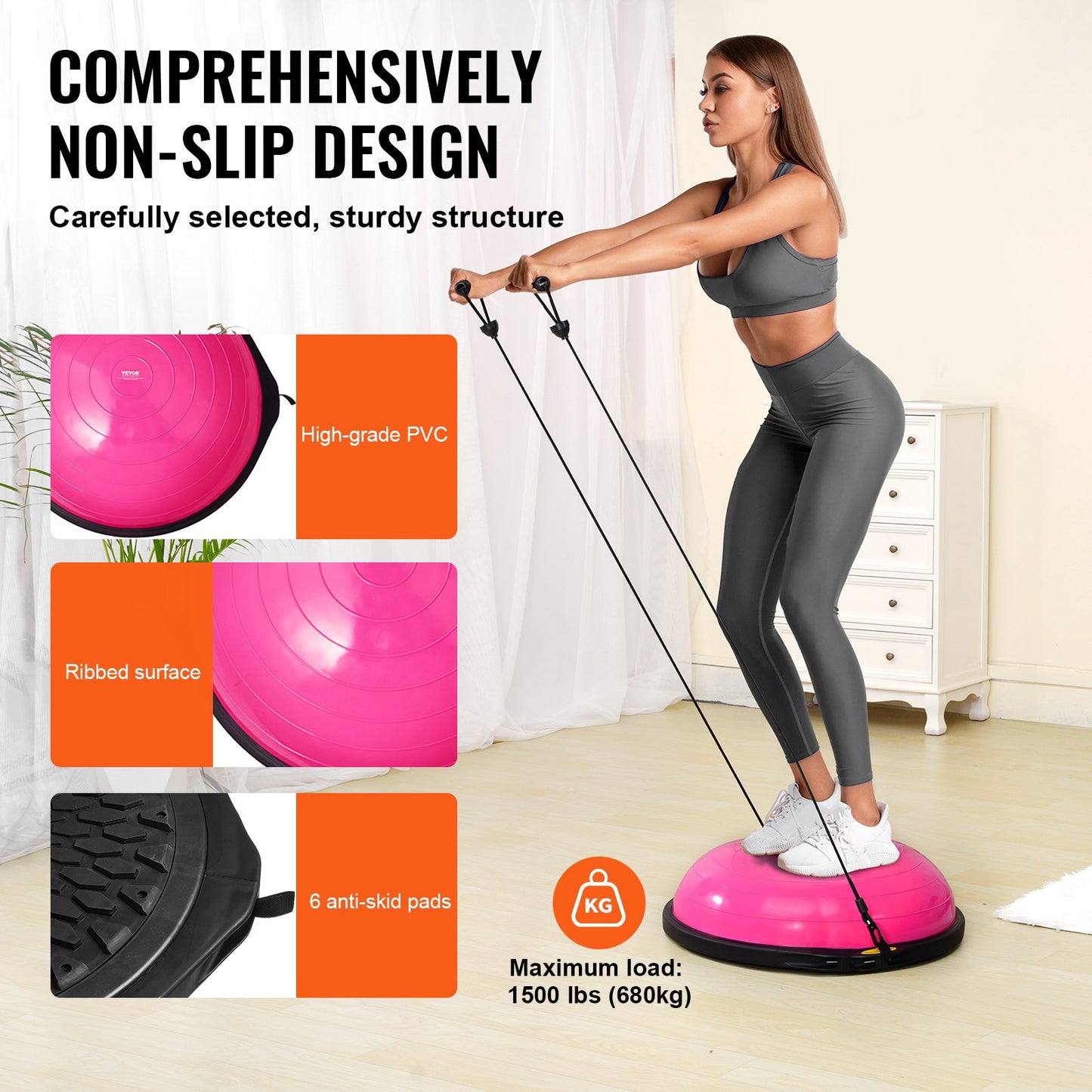 Halv träningsbolltränare, 26 tums balansbolltränare, 1500lbs kapacitet stabilitetsboll, yogaboll med motståndsband och fotpump, styrketräningsboll för hemmagym helkroppsträning, rosa