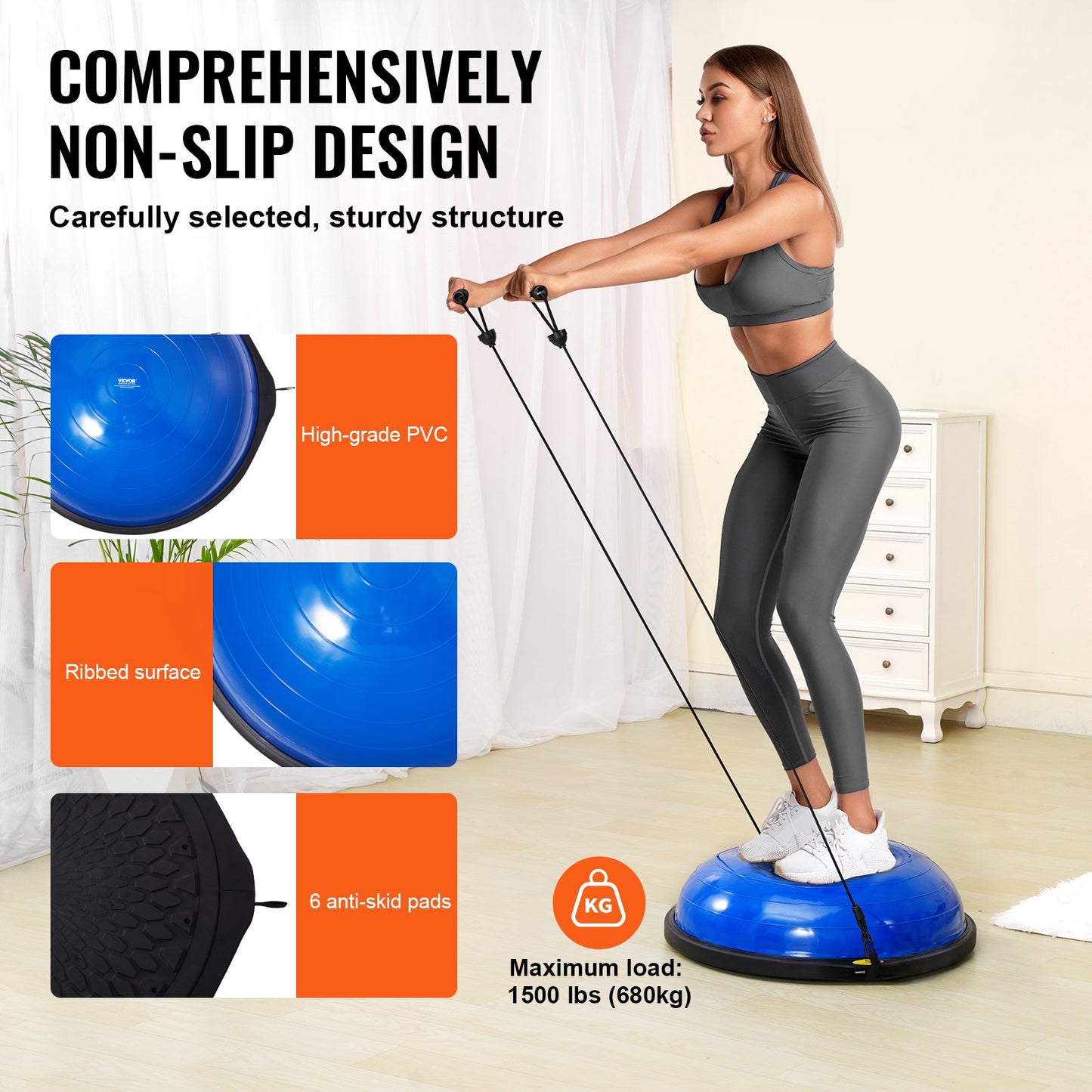Halv träningsbolltränare, 26 tums balansbolltränare, 1500lbs kapacitet stabilitetsboll, yogaboll med motståndsband och fotpump, styrketräningsboll för hemmagym helkroppsträning, blå