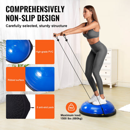 Halv träningsbolltränare, 26 tums balansbolltränare, 1500lbs kapacitet stabilitetsboll, yogaboll med motståndsband och fotpump, styrketräningsboll för hemmagym helkroppsträning, blå