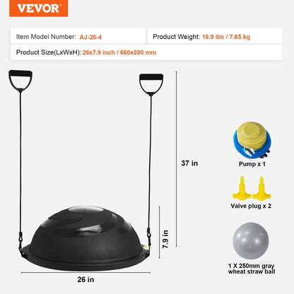 Halv träningsbolltränare, 26 tums balansbolltränare, 1500 pund kapacitet stabilitetsboll, yogaboll med motståndsband och fotpump, styrketräningsboll för hemmagym helkroppsträning svart