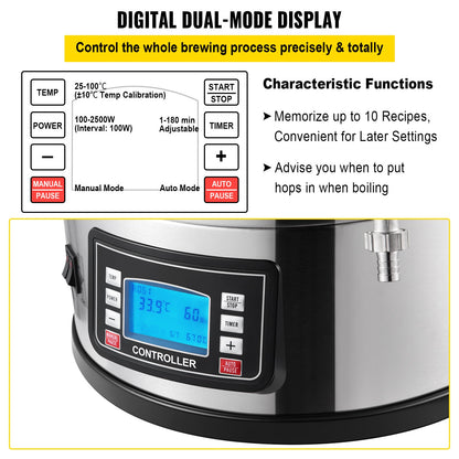 Electric Brewing System, 8 Gal/30 L, All-in-One Home Beer Brewer with Auto/Manual-Mode Panel, Mash Boil Device with 100-2500W Power 25-100℃ Temp 1-180 min Timer Circulating Pump Recipe Memory, 2