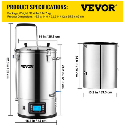 Electric Brewing System, 8 Gal/30 L, All-in-One Home Beer Brewer with Auto/Manual-Mode Panel, Mash Boil Device with 100-2500W Power 25-100℃ Temp 1-180 min Timer Circulating Pump Recipe Memory, 2