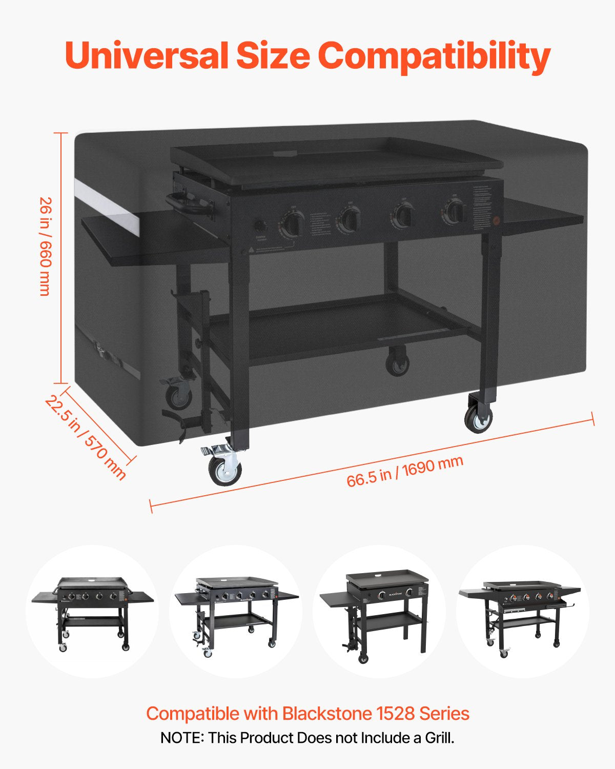 Grillöverdrag, 66 tums grillöverdrag för utomhusgrillar, vattentätt, blekningsbeständigt, väderbeständigt, kraftigt 600D polyester, lätt att ta på och av, med säkra spännen, svart