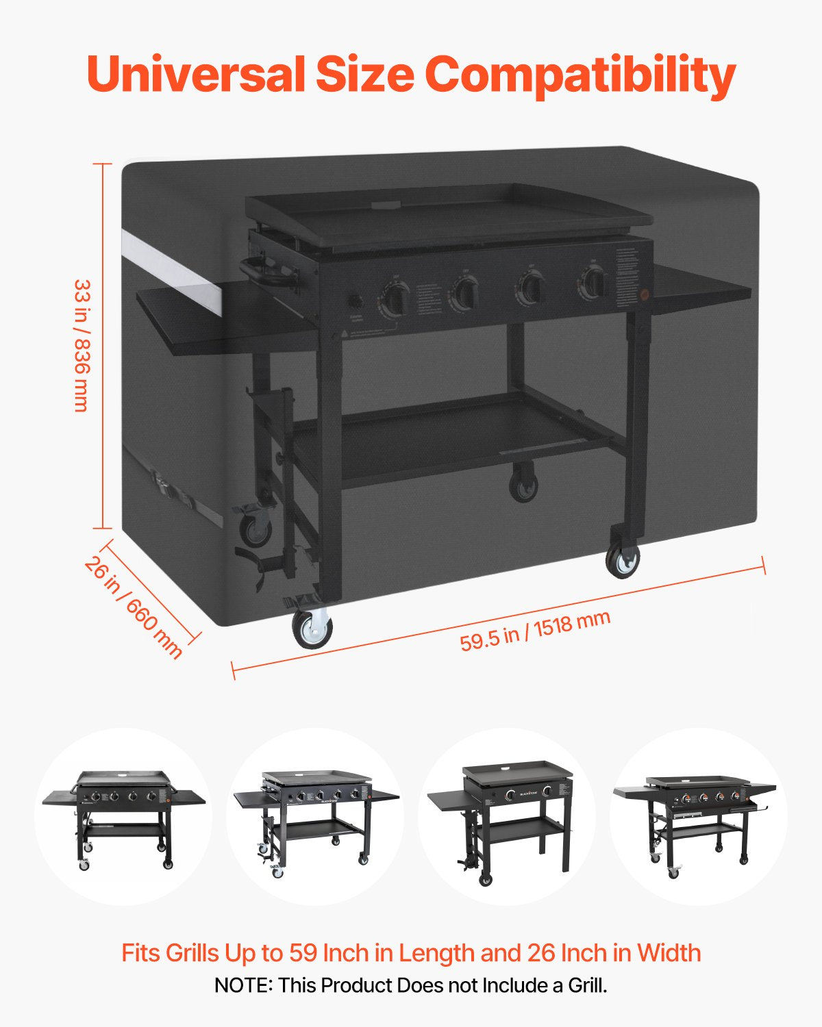 Grillöverdrag, 59 tums grillöverdrag för utomhusgrillar, vattentätt, blekningsbeständigt, väderbeständigt, kraftigt 600D polyester, enkelt att ta på och av, med säkra spännen, svart