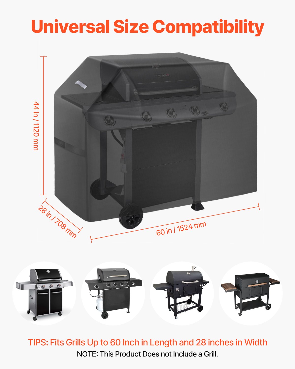 Grillöverdrag, 60 tums grillöverdrag för utomhusgrillar, vattentätt, blekningsbeständigt, väderbeständigt, kraftigt 600D polyester, lätt att ta på och av, med kardborreband, svart