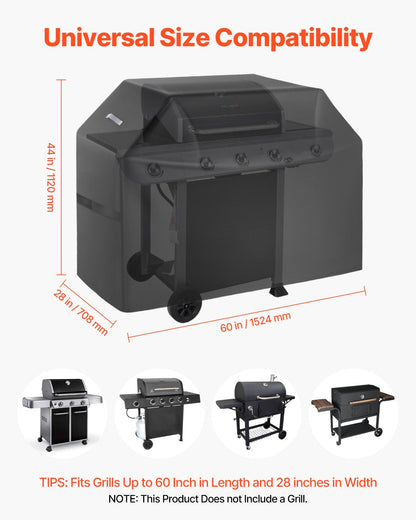 Grillöverdrag, 60 tums grillöverdrag för utomhusgrillar, vattentätt, blekningsbeständigt, väderbeständigt, kraftigt 600D polyester, lätt att ta på och av, med kardborreband, svart