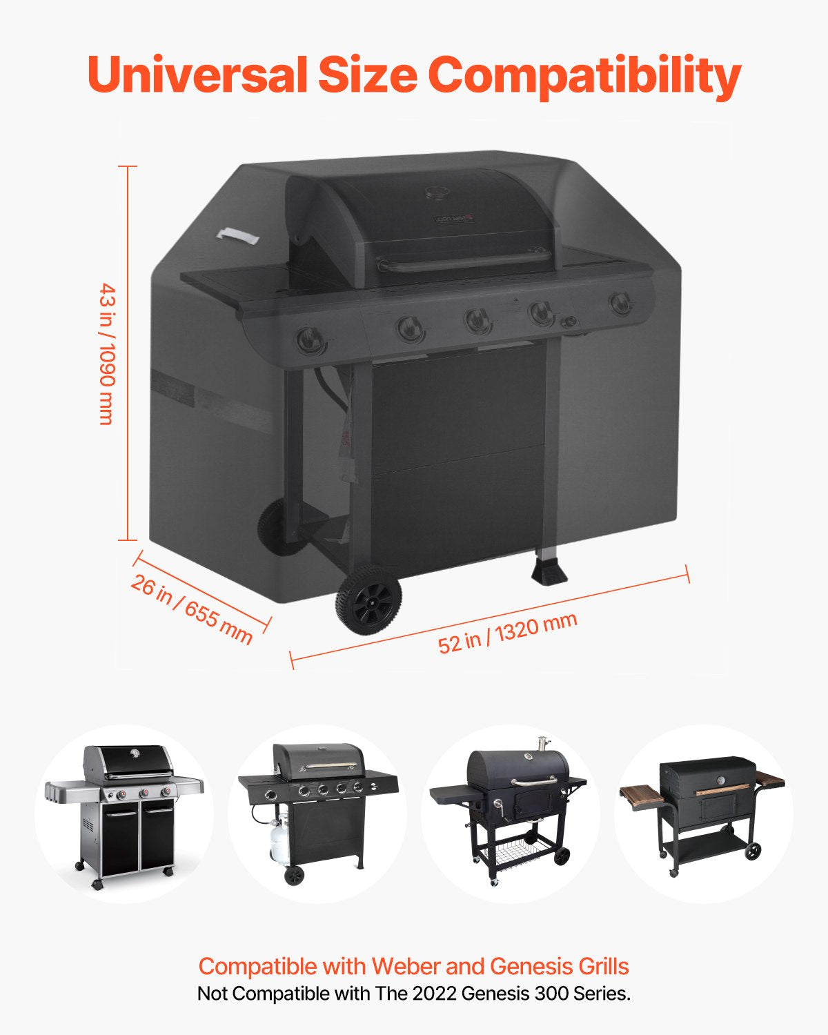 Grillöverdrag, 52 tums grillöverdrag för utomhusgrillar, vattentätt, blekningsbeständigt, väderbeständigt, kraftigt 600D polyester, lätt på- och avtagning, med kardborreband, svart